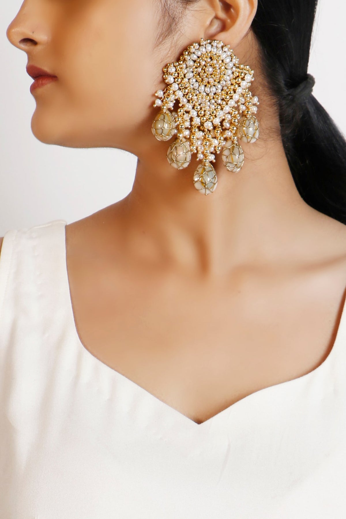 Gold Plated Shell Pearl Dangler Earrings