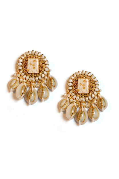 Gold Plated Shell Pearl & Beaded Dangler Earrings