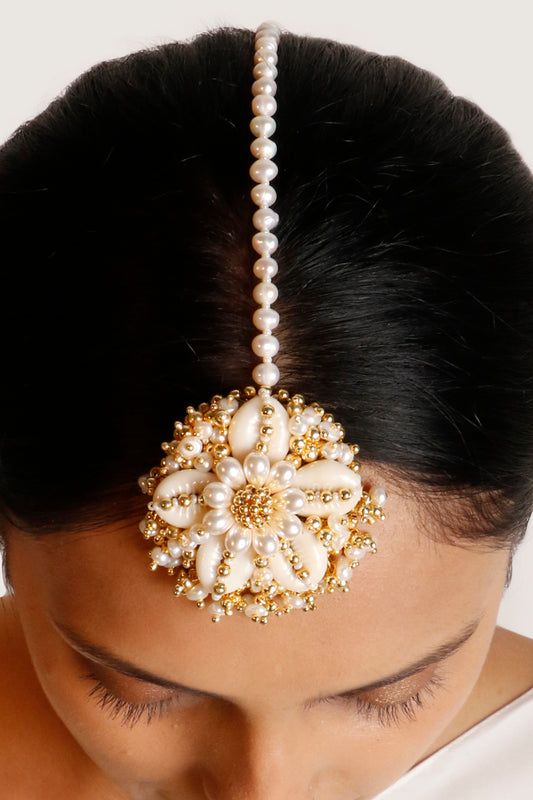 Gold Plated Pearl & Shell Maang Tikka