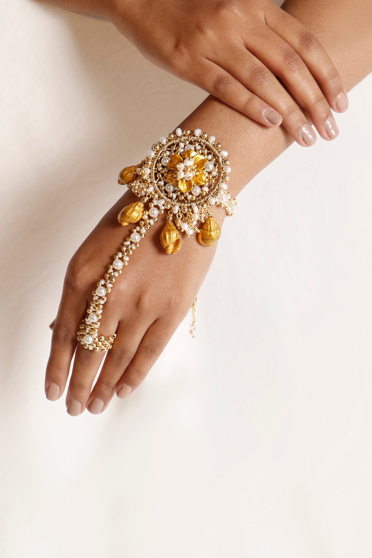 Gold Plated Shell & Pearl Haathphool