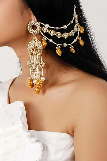 Gold Plated Zircons & Shells Dangler Earrings