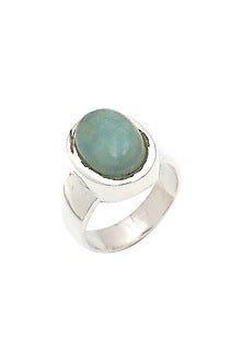 White Finish Aquamarine Oval Ring In Sterling Silver