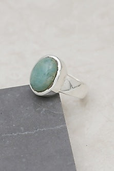 White Finish Aquamarine Oval Ring In Sterling Silver