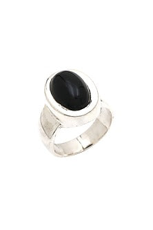 White Finish Black Onyx Oval Ring In Sterling Silver