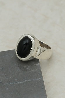 White Finish Black Onyx Oval Ring In Sterling Silver