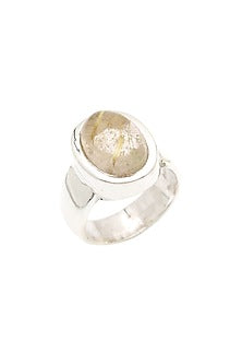 White Finish Golden Rutile Oval Ring In Sterling Silver