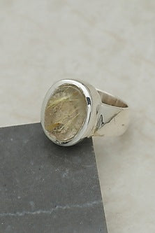 White Finish Golden Rutile Oval Ring In Sterling Silver