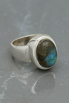 White Finish Labradorite Oval Ring In Sterling Silver