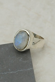 White Finish Moonstone Oval Ring In Sterling Silver