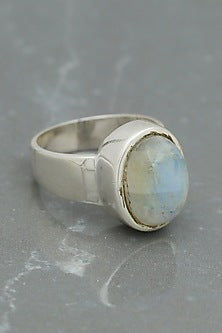 White Finish Moonstone Oval Ring In Sterling Silver