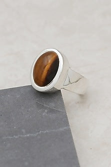 White Finish Tiger Eye Oval Ring In Sterling Silver