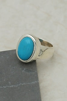 White Finish Turquoise Oval Ring In Sterling Silver