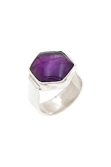 White Finish Amethyst Hexagonal Ring In Sterling Silver