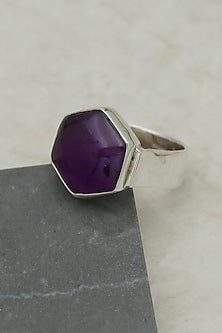 White Finish Amethyst Hexagonal Ring In Sterling Silver