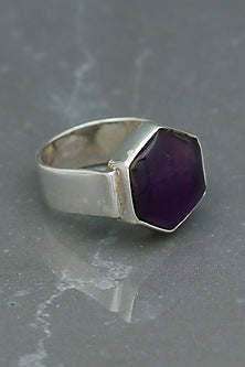 White Finish Amethyst Hexagonal Ring In Sterling Silver