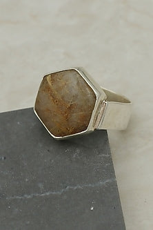 White Finish Quartz Hexagonal Ring In Sterling Silver