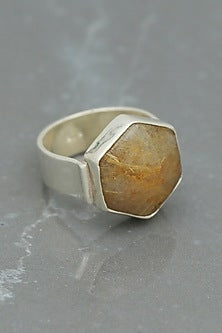 White Finish Quartz Hexagonal Ring In Sterling Silver