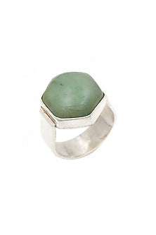 White Finish Aquamarine Hexagonal Ring In Sterling Silver