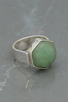 White Finish Aquamarine Hexagonal Ring In Sterling Silver