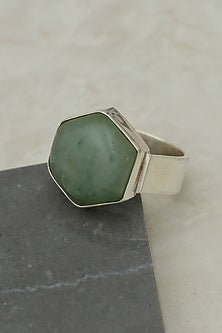 White Finish Aquamarine Hexagonal Ring In Sterling Silver