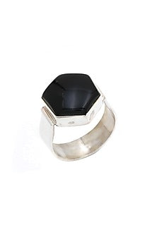 White Finish Black Onyx Hexagonal Ring In Sterling Silver