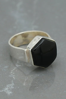 White Finish Black Onyx Hexagonal Ring In Sterling Silver