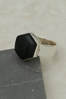 White Finish Black Onyx Hexagonal Ring In Sterling Silver
