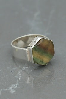 White Finish Fluorite Hexagonal Ring In Sterling Silver