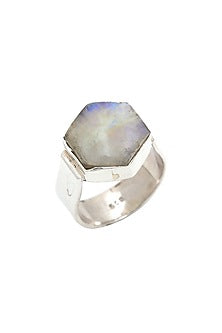 White Finish Moonstone Hexagonal Ring In Sterling Silver