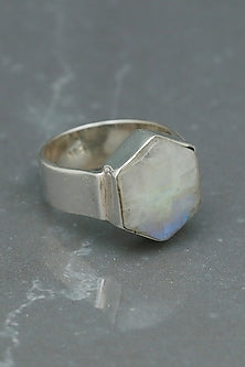 White Finish Moonstone Hexagonal Ring In Sterling Silver