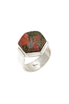 White Finish Unakite Hexagonal Ring In Sterling Silver