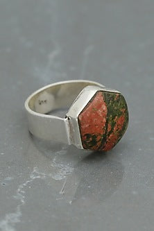 White Finish Unakite Hexagonal Ring In Sterling Silver