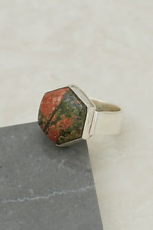 White Finish Unakite Hexagonal Ring In Sterling Silver