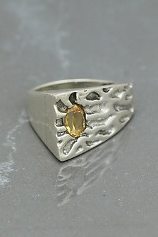 White Finish Citrine Striped Ring In Sterling Silver