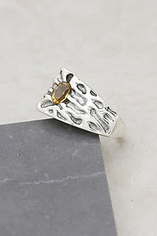 White Finish Citrine Striped Ring In Sterling Silver