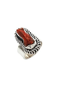 White Finish Raw Coral Ring In Sterling Silver