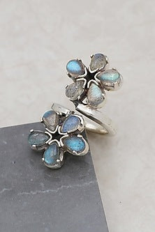 White Finish Labradorite Floral Ring In Sterling Silver