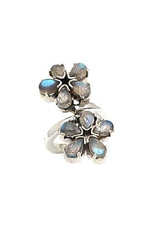 White Finish Labradorite Floral Ring In Sterling Silver