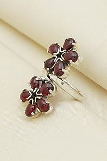 White Finish Garnet Floral Ring In Sterling Silver