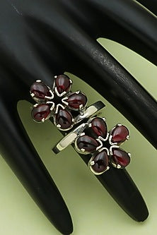 White Finish Garnet Floral Ring In Sterling Silver