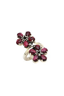 White Finish Garnet Floral Ring In Sterling Silver