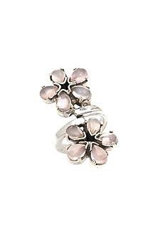 White Finish Rose Quartz Floral Ring In Sterling Silver