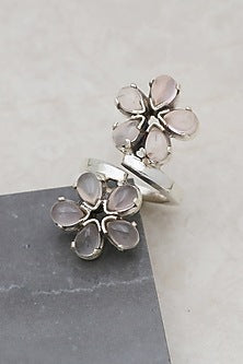 White Finish Rose Quartz Floral Ring In Sterling Silver