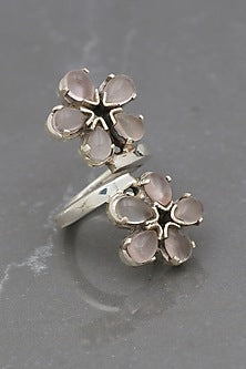 White Finish Rose Quartz Floral Ring In Sterling Silver