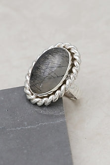 White Finish Black Rutilated Quartz Rope Ring In Sterling Silver