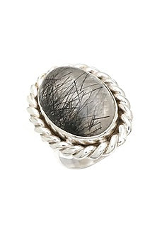 White Finish Black Rutilated Quartz Rope Ring In Sterling Silver
