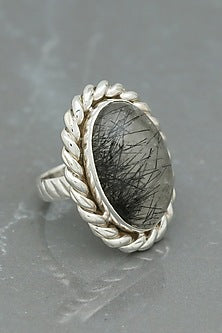 White Finish Black Rutilated Quartz Rope Ring In Sterling Silver