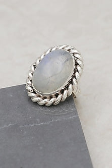 White Finish Moonstone Rope Ring In Sterling Silver