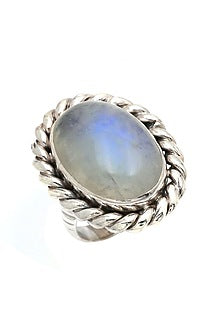 White Finish Moonstone Rope Ring In Sterling Silver
