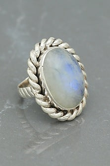 White Finish Moonstone Rope Ring In Sterling Silver